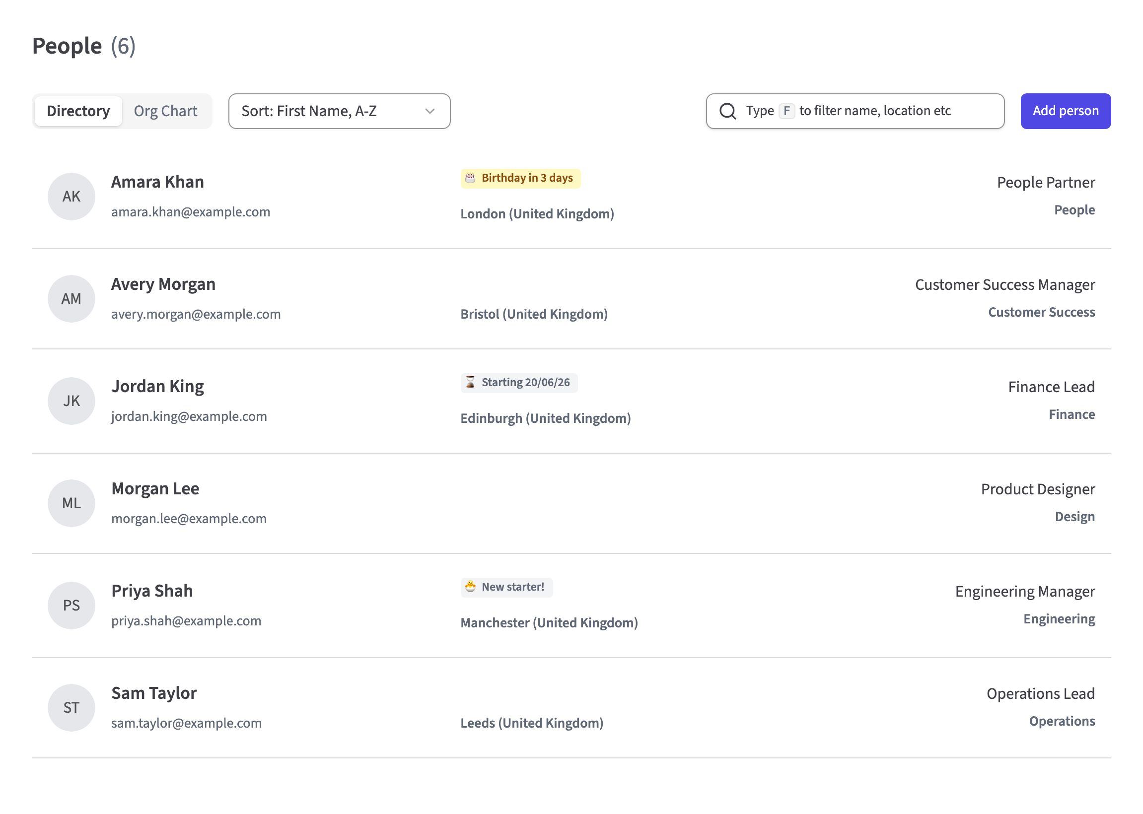 HollyHR's people directory showing six employees, their roles, locations and employment status