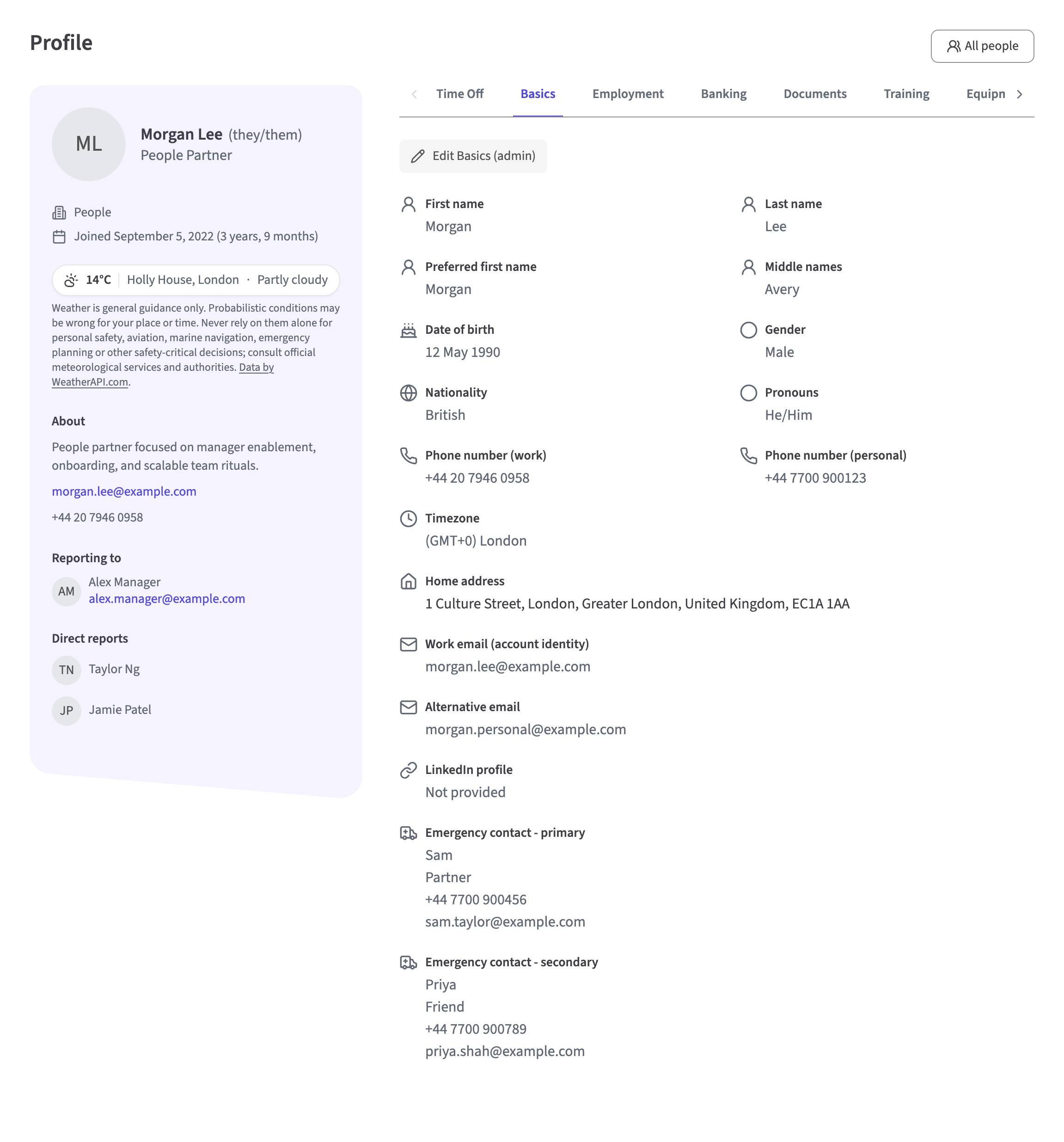 HollyHR employee profile showing work context and role-controlled sections