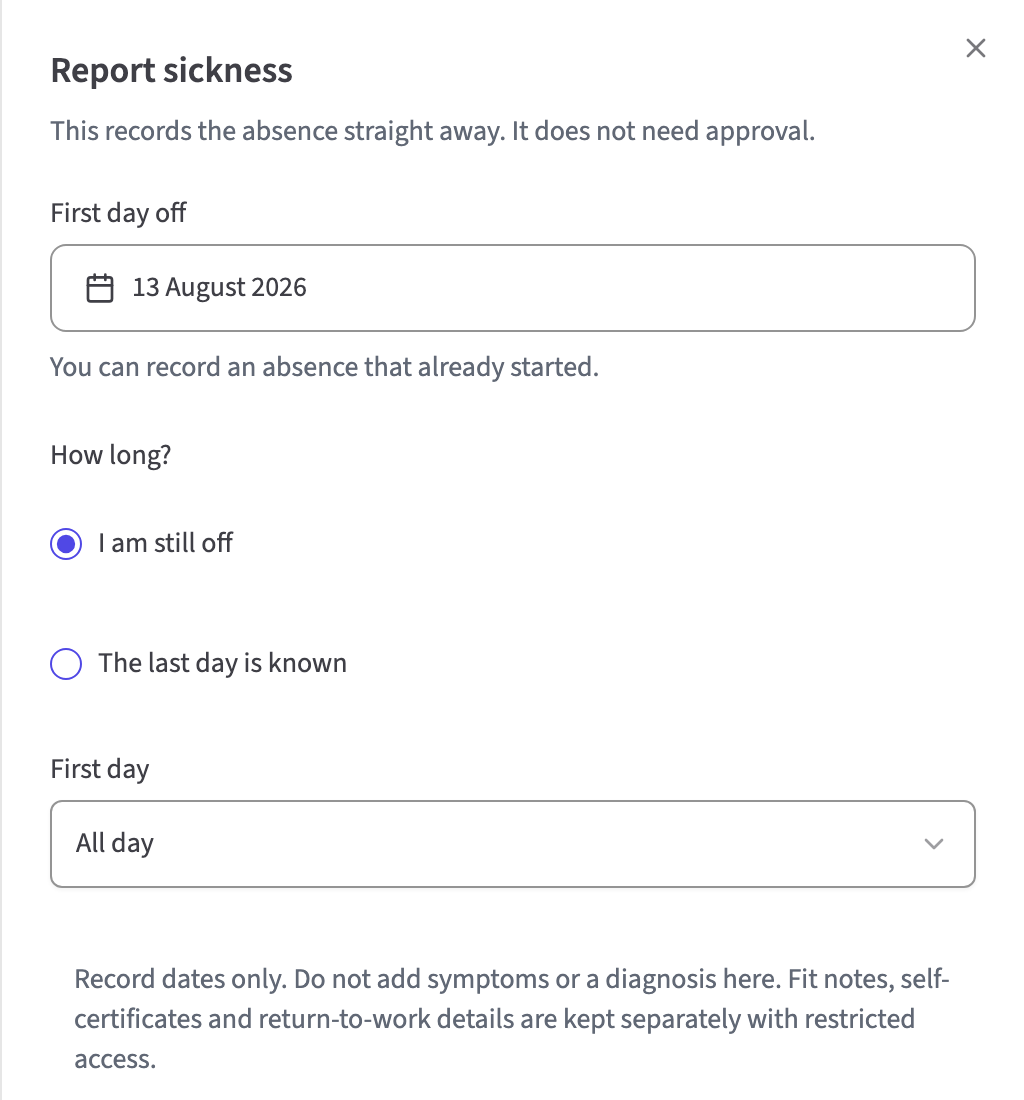 HollyHR report sickness form showing dates and ongoing absence options