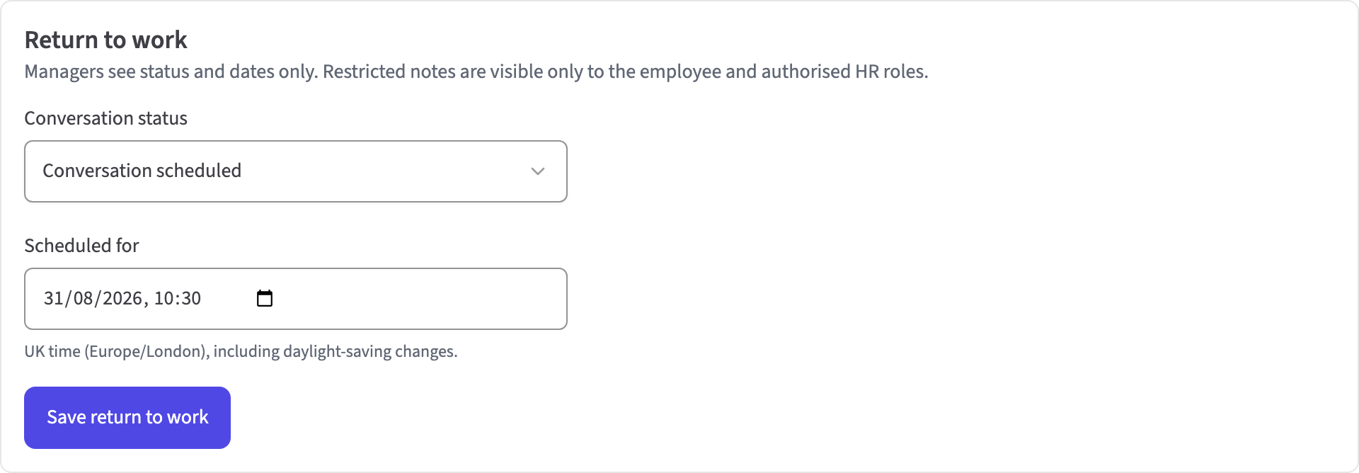 HollyHR return-to-work follow-up showing conversation status and scheduled date