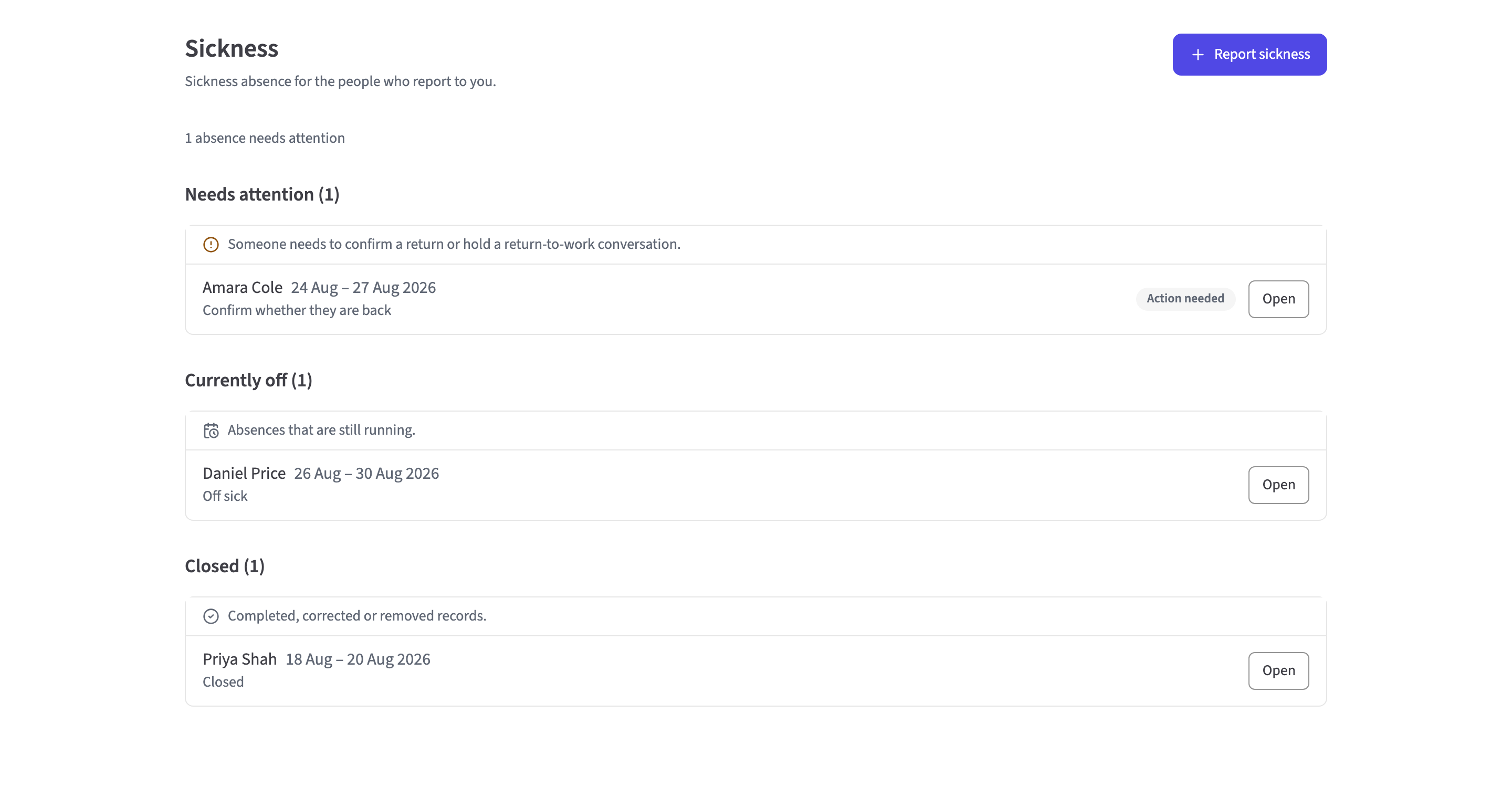 HollyHR sickness absence workspace showing current cases and follow-up actions