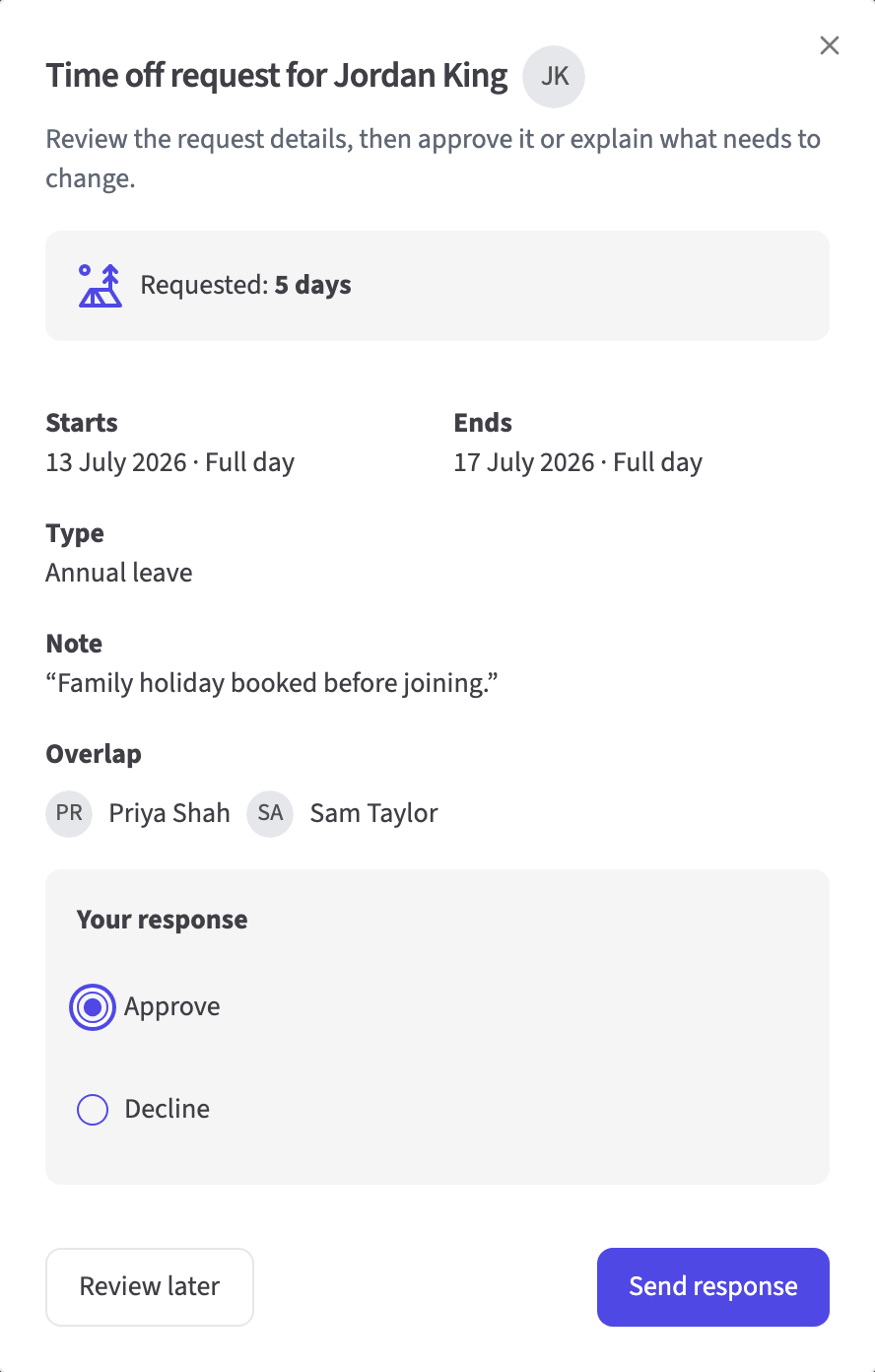 HollyHR manager approval dialog showing the request and decision controls