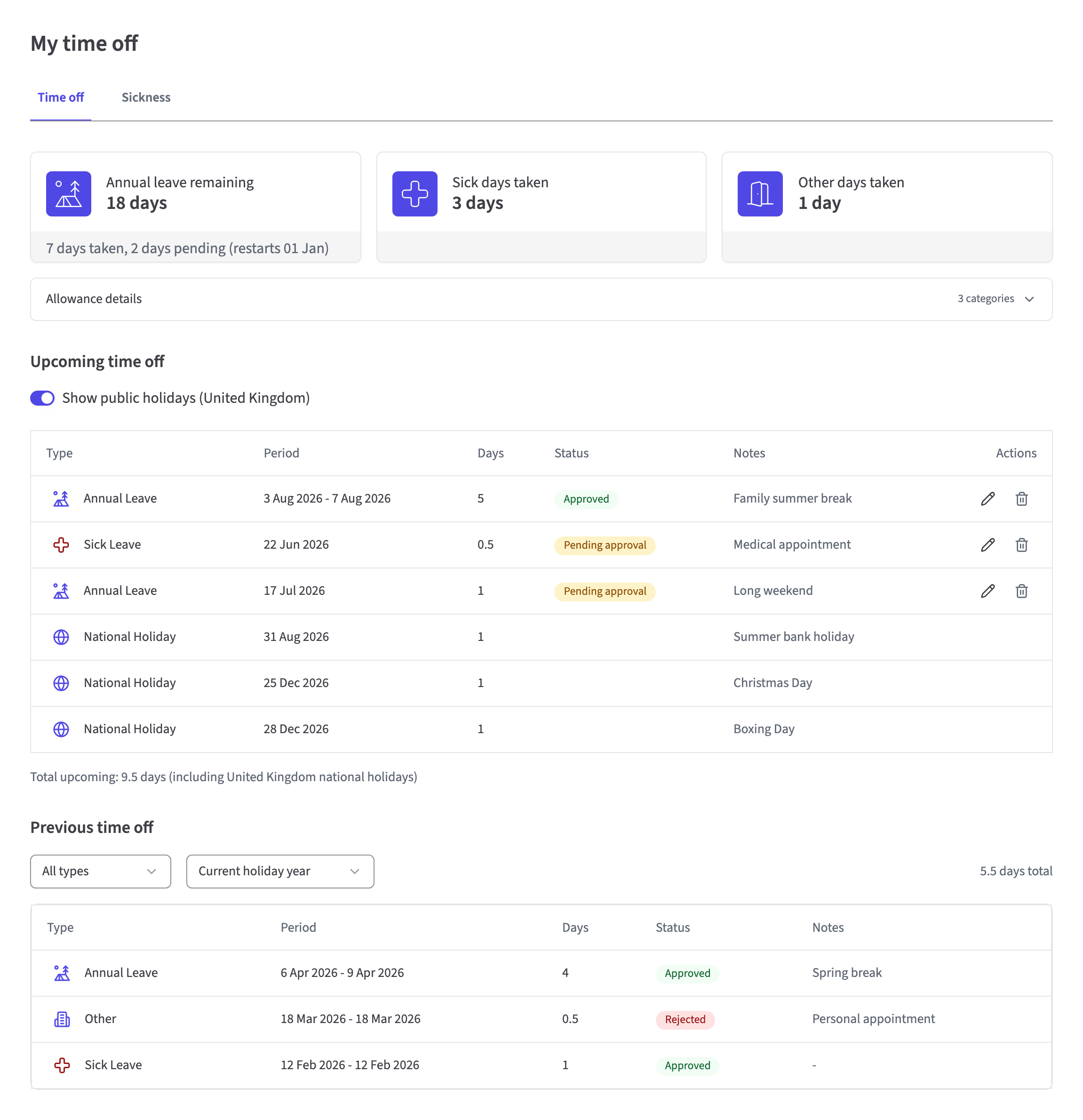 HollyHR My time off page showing a leave balance and upcoming time off