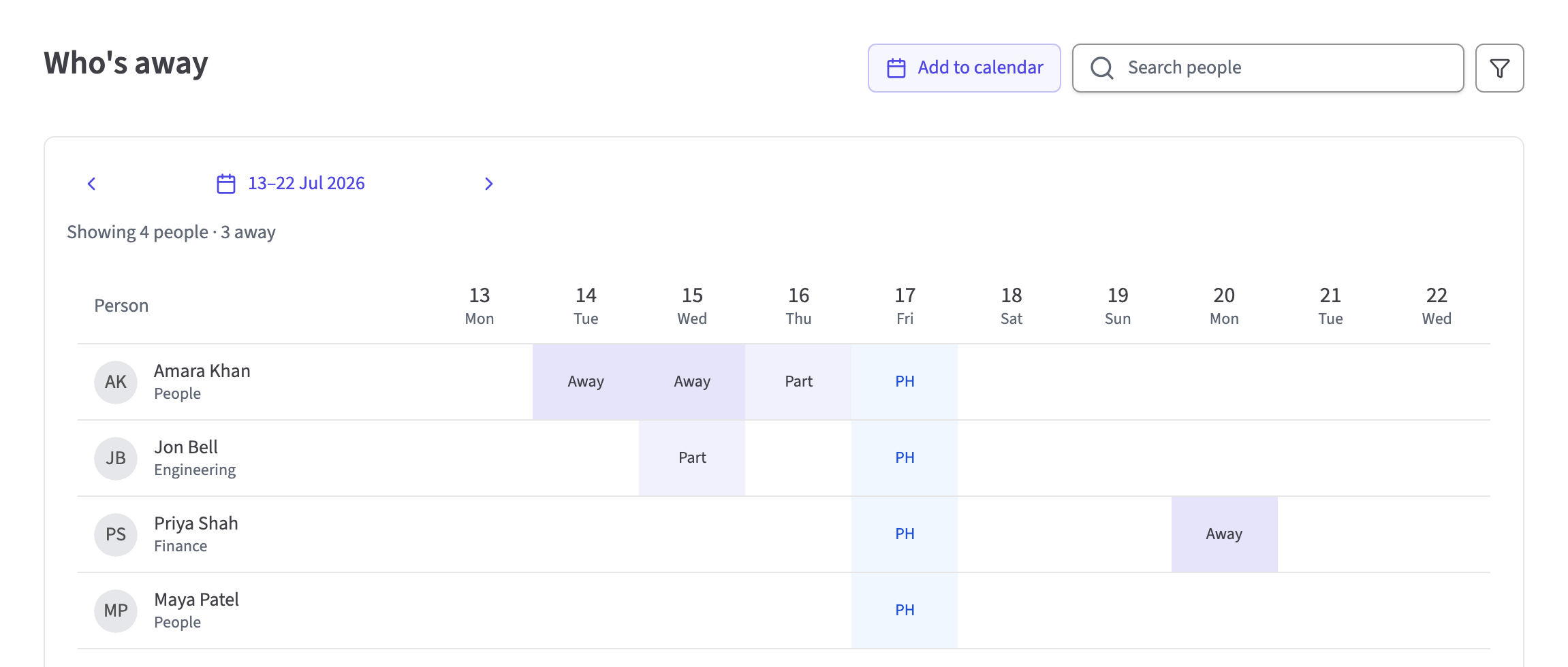 HollyHR Who's Away calendar showing approved team absences