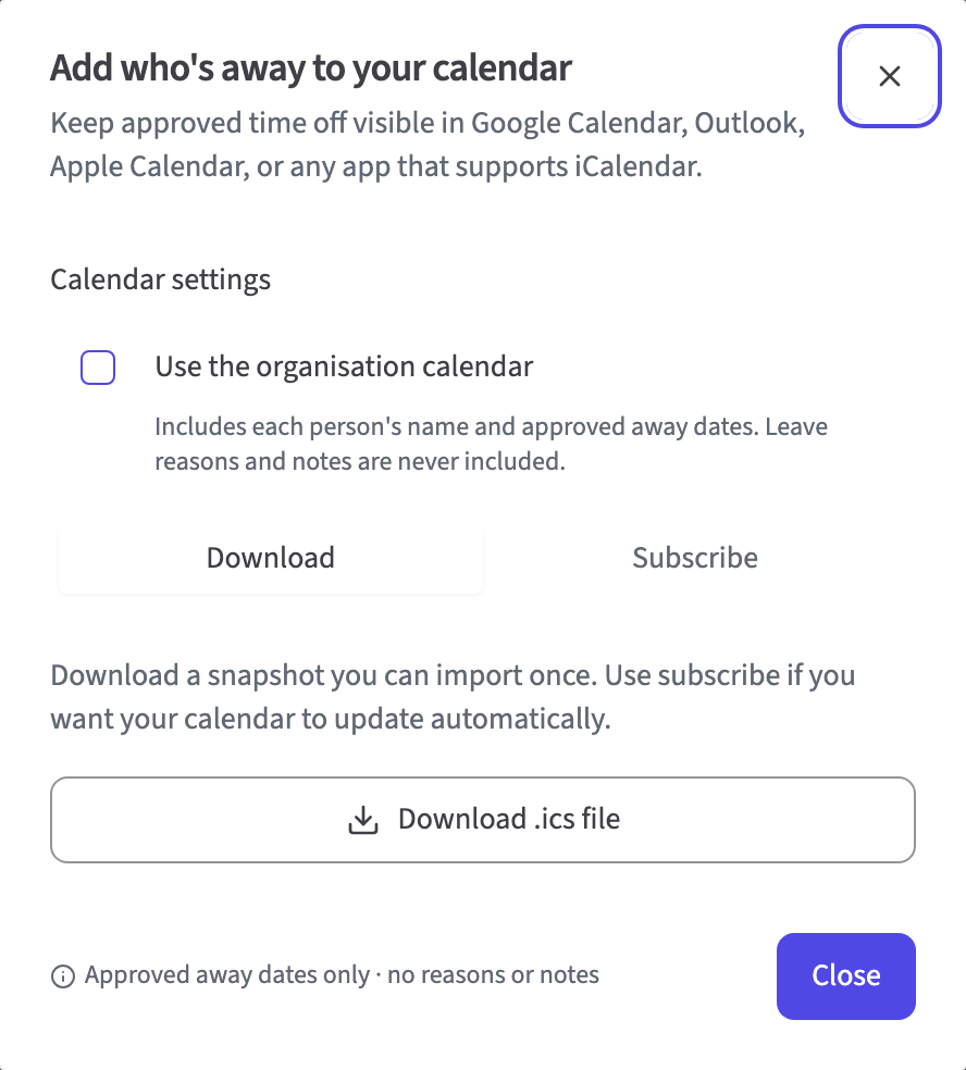 HollyHR dialog for adding approved absence to an external calendar