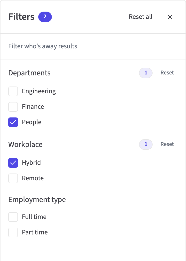HollyHR Who's Away filters for department, workplace and employment type