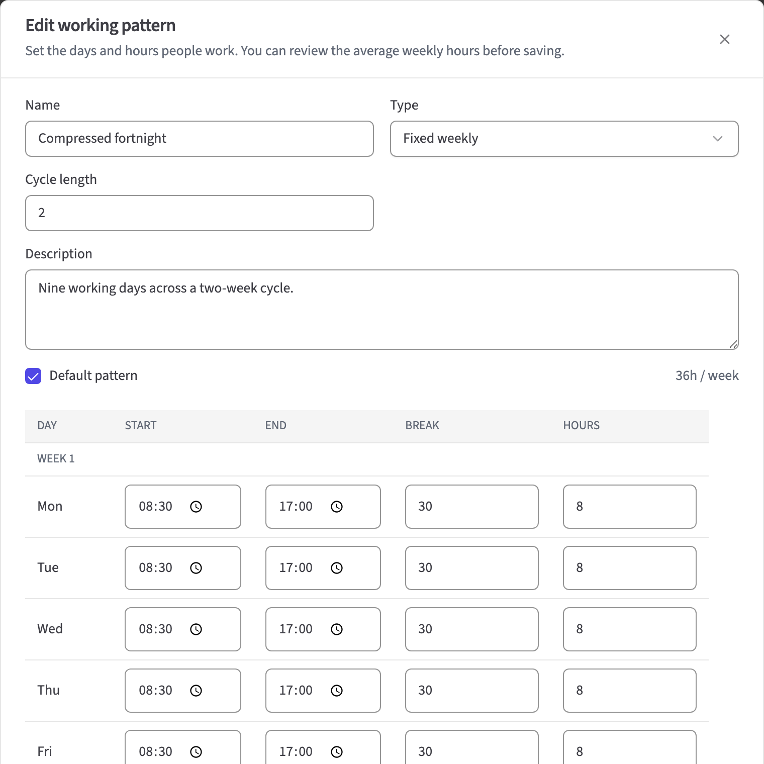HollyHR working pattern editor showing working days and hours